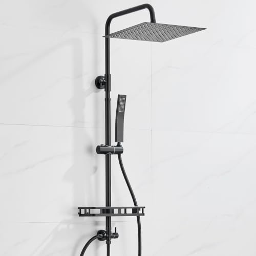 Auralum Colonna Doccia senza Miscelatore, Colonna Doccia Nera con Mensola Doccia XXL, Saliscendi Doccia Acciaio Inox Regolabile 72-110cm, Asta Doccia con Soffione Doccia 30cmx30cm e Doccino per Doccia