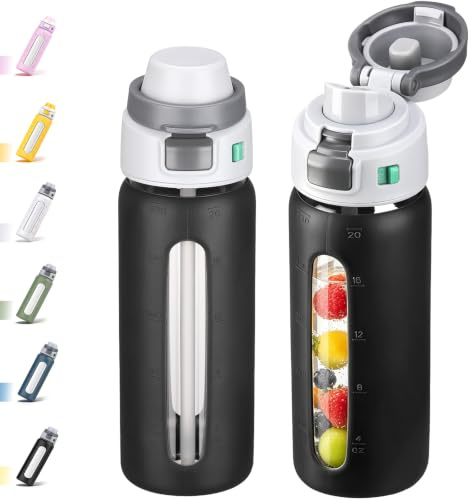 BLUEGO Borraccia 2 in 1 in vetro borosilicato con cannuccia, per sport e viaggi, 600 ml, con manicotto in silicone, a prova di perdite, senza BPA, colore nero