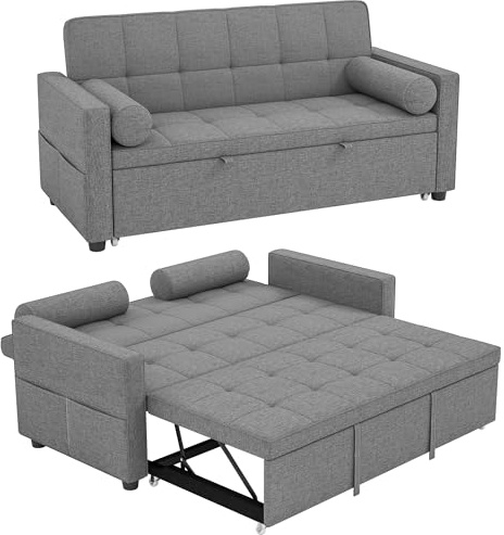 HOMCOM Sofá Cama 2 Plazas 3 en 1, Sofá Cama Deslizantede Tejido Lino con Respaldo Ajustable 6 Niveles, Bolsillos Laterales, 2 Cojines con Fundas Extraíbles para Sala de Estar, Espacios Pequeños, Gris