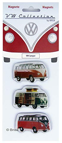 BRISA VW Collection - T1 Bulli Bus Kühlschrankmagnete 3er Set | Volkswagen Magnete für Büro, Küche, Magnettafel, Retro Vintage Fanartikel mit Bulli Campervan Designs, Rot