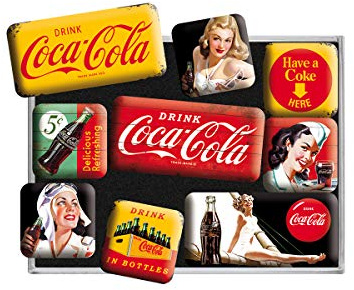 Nostalgic-Art Juego de Imanes Retro Coca-Cola – Yellow – Regalo Aficionados a la Coke, Decoración para la Nevera, Diseño Vintage, 9 Unidades