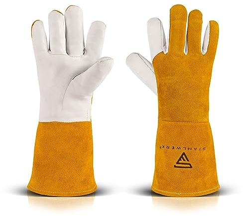 STAHLWERK guanti per saldatura guanti protettivi guanti da lavoro robusti in vera pelle resistenti al calore e al fuoco, bianco giallo, adatti per TIG TIG MIG MAG MMA Plasma