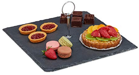Relaxdays Slate Platter Rectangular with Handle Serving Plate for Sushi Cheese Dessert Slate Tray Charcoal