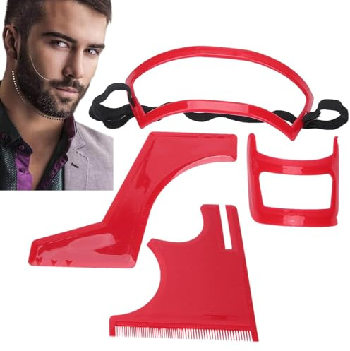 4-teiliges Bartformungswerkzeug-Haarschnitt-Set, Bart-Haaransatz-Formungswerkzeug-Set für Männer, Haare, Spitzbart und Ausschnitt, Bartführung, Formwerkzeug, rotes Kunststoff-Bartschablonen-Set