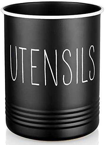 Kitchen Utensil Holder, 6.7 Utensil Holder for Kitchen Counter, Cooking Utensil Crock with Cork Bottom, Modern Farmhouse Decor, Countertop Utensil Storage Organizer Caddy, Black