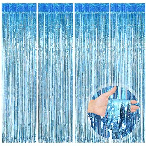 O-Kinee Lametta Vorhänge Hellblau Glitzer, 4 Stück Metallische Glitzervorhang Fringe 1m x 2m, Glitzer Tinsel Curtain, Folienfransen Vorhang für Weihnachtsbaum Geburtstage Festivals Party ​Bühnendekor