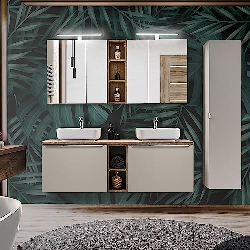 Lomadox Badmöbel Komplett Set in Taupe mit Vintage Eiche, 140cm Doppel-Waschtisch mit Unterschrank, 2 Keramik Waschbecken, Regale, 2 LED-Spiegelschränke, Hochschrank