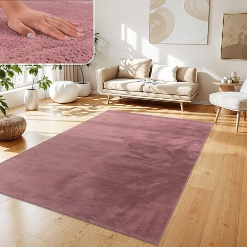 Paco Home Teppich Wohnzimmer Kunstfell weich waschbar modern elegant pflegeleicht Felloptik Uni Seidenglanz flauschig Hochflor, Grösse:120x160 cm, Farbe:Lila Rosa
