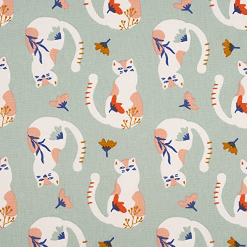 SCHÖNER LEBEN. Baumwollstoff Webware Tacha Katzen Blumen Mint 1,47m Breite