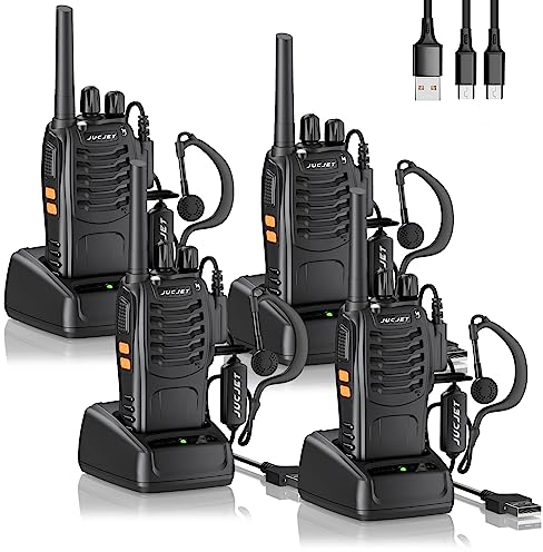 JUCJET Walkie Talkies 2023 Upgraded 88E Walkie Talkie Long Range for Adults with Earpieces, 16 Channel Handheld 2 Way Radio Rechargeable with Flashlight Li-ion Battery and Charger(4 Pack)