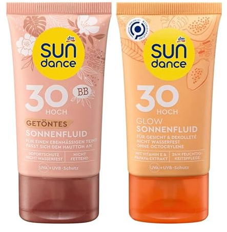 SUNDANCE Sonnenschutz 2er-Set: Sonnenfluid GETÖNT LSF 30 passt sich dem Hautton an für ebenmäßigen Teint (50 ml) + Sonnenfluid GLOW Feuchtigkeitspflege mit Papaya-Extrakt, LSF 30 (50 ml), 100 ml