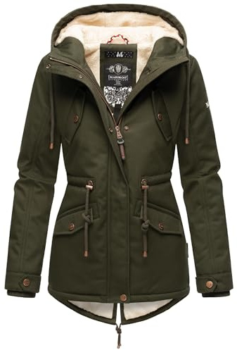 MARIKOO Damen mittellange Winterjacke Manolya mit verstellbarer Kapuze | Länge: po-bedeckend | Wärmegrad 3 von 3 – warm gefüttert | verstellbare, fleecegefütterte Kapuze