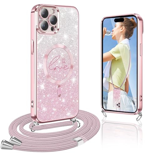 Magnetische Glitzer Herz Love Handykette Kompatibel mit iPhone 15 Pro Hülle mit Band [Kompatibel mit MagSafe] Handyhülle mit Band Transparent Glitzernde Schutzhülle für iPhone 15 Pro Handykette, Rosa