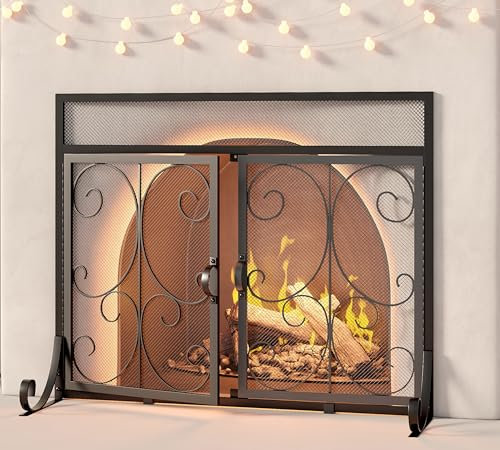 Calidola Flat Fireplace Screen with Doors, Wrought Iron Frame with Metal Mesh, Flat Panel Decorative Fireplace Screen with Scroll Design, Free Standing Spark Guard