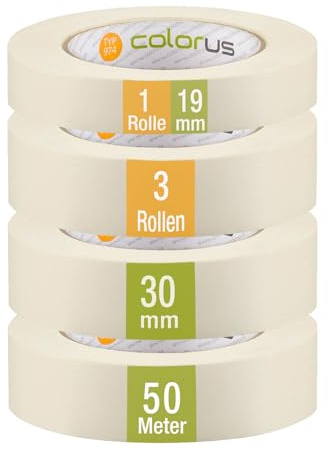Colorus Malerkrepp Feinkrepp Set 4 Rollen 50 m, 3x 30 mm 1x 19 mm | Flachkrepp bis 60 °C für gerade Farbkanten – zum Abkleben von Leisten, Rahmen und Anschlüssen im Innenbereich