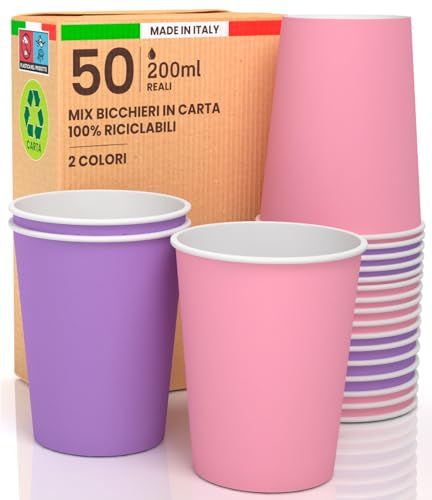 Baciato Caffè 50 Bicchieri in Carta 200ml Mix Dream Ecologici Biodegradabili Monouso Made in Italy Asporto Bevande Calde Acqua - MIX di Colori Rosa Lilla - Prodotto e Confezionato in Italia