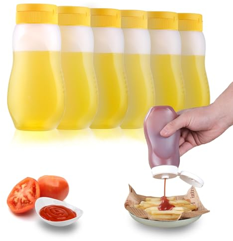 RAMFIYN Gewürz-Quetschflaschen für Saucen, 340 ml, mit Klappdeckel, Heißsaucenflaschen mit Kappen für Öl, Camping, Gewürzbehälter, Grillsoße, Ölflaschen, gelbe Kappe, 6 Stück, 6pcs 12oz yellow cap