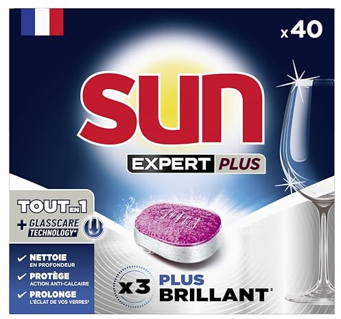 Sun - Pastilles Lave-Vaisselle Tout en 1 Brillance - Expert + Glass Care Technology - 40 Lavages - Fabriqué en France