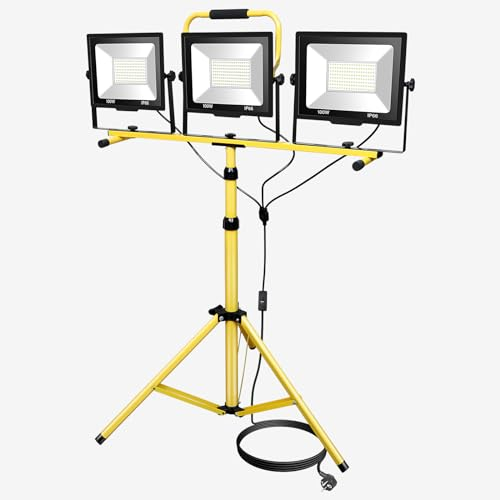SKYWORLD 3 x 100W LED Baustrahler mit Stativ, Tripod Ständer LED Strahler, Wasserdicht Baustellenstrahler für Werkstatt, Baustelle, Camping, Garage, Garten 6000K Kaltweiß LED Arbeitsleuchte