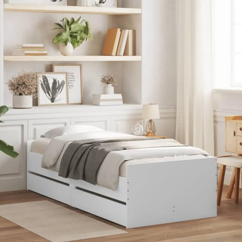Homgoday Bett mit Schubladen Stauraumbett Bettgestell Holzbett Bett Einzelbett Bettrahmen Schubladenbett ohne Kopfteil Gästebett Jugendbet Weiß 75x190 cm