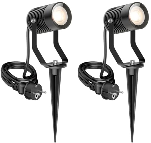 ledscom.de 2x Gartenstrahler SHINGA mit Erdspieß für außen, IP65, Stecker, schwarz, inkl. GU10 LED Lampe 1103lm, warmweiß