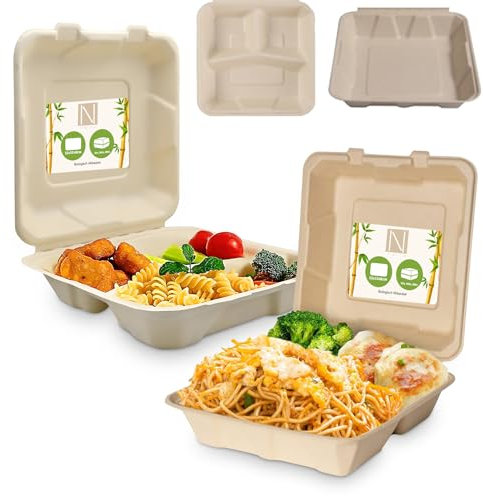 NATUR2GO Boîte repas jetable en fibre de bambou de qualité supérieure avec 1 à 3 compartiments, pour kebabs, magasins de collation et restaurants avec menus à emporter, boîte à menu (50 pièces/1