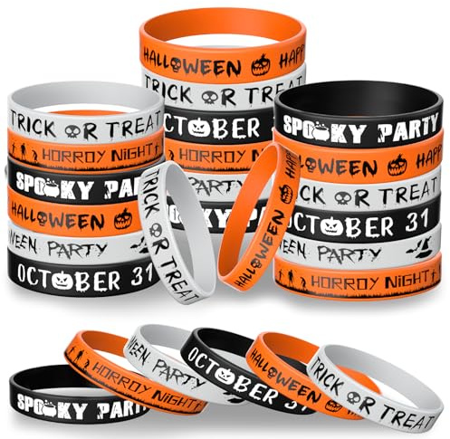 Morcheiong 36 Stück Halloween Gummi Armbänder, 6 klassische Design Silikon Armbänder für Halloween, gruselige Partyzubehör (Schwarz, Orange, Weiß)