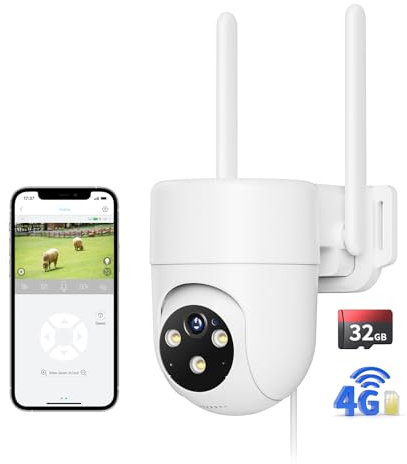 NUASI 4G LTE Security Camera Outdoor, 2K CCTV PTZ Camera with Full Color Night Vision Support AI human detection, Two-way audio and 24/7 Recording with SIM Card and 32GB Included