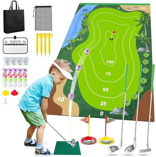 Liberry Kids Golf Set for 3 4 5 6 7 Years Old Boys Girls, Golf Chipping Game with Mat, Sticky Balls, Storage Bag, Retractable Clubs, Outdoor Indoor Sports Christmas Toy Gift Toss Game (Silver)