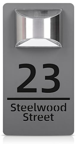 Custom House Number Sign,Personalized House Numbers Plaques with Solar Lights,3D Laser Cutting Address Street Name LED Illuminated House Number Plates for Outside (18x32cm,Grey Black)