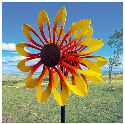 MeLtor Garten WindmüHle Doppelwindrad mit gegenläufigen Rotoren,174CM, 3D Edelstahl Sonnenblume Landschaft Terrasse, Rasens Oder Gartens,Yellow
