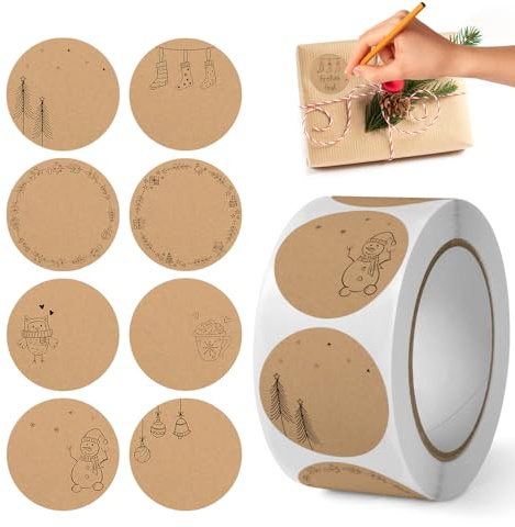 Cadimus 500 Stück Kraftpapier Weihnachtsaufkleber,4cm Weihnachtssticker Selbstklebend im 8 Stil,Rund Etiketten zum Beschriften,für Geschenksticker Weihnachten und Küchenetiketten