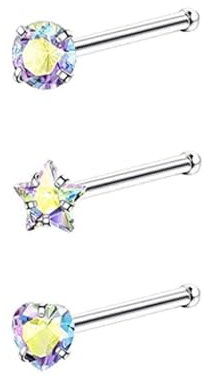Tolldek 3 Stücke Magnet Piercing Nase, Edelstahl 1.2mm Herz Rund und Stern Zirkonia Nase Piercing Ring Mond Bunt, Piercing Stecker mit Zirkonia Bunt, Lippen Piercing Ringe Ohrringe Schmuck Frauen