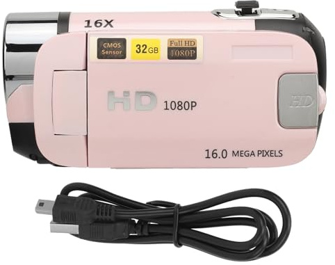 Yosoo Health Gear Video Camera Camcorder, 1080P HD 16MP 16X Portable Digital Zoom Vlogging Camera Recorder with Fill Light, 2.4 Inch Rotatable Screen (Pink)