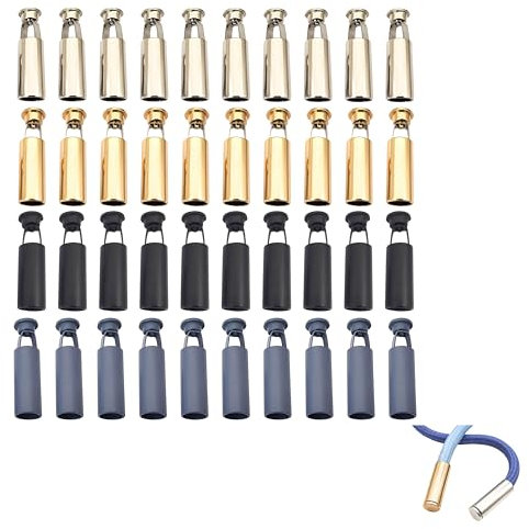 Batheidon Metall Kordelenden, 40 Stück Schnürsenkel Endkappen, Metall Verschlusskappen für Schnürsenkel, Hoodie, Jacken, Seilenden, 4 Farben, 7mm Außendurchmesser, 20mm Länge, für DIY Reparaturen