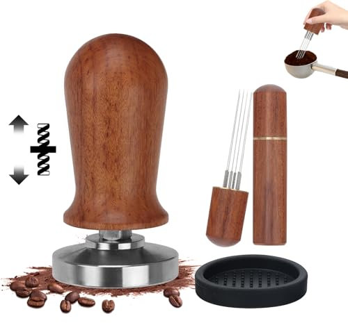 Foyucool Juego de Prensador de Cafe, Café Tamper 51mm, WDT Tool Espresso Coffee Stirrer, Tamper Mat de Silicona, Muelle Incorporado para Facilitar el Prensado, para Cafés y Amantes del Café