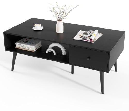 COSTWAY Couchtisch mit Schublade, Stauraum, offenes Fach, Wohnzimmertisch, Sofatisch Holz, Kaffeetisch, 109 x 55 x 39,5 cm, Schwarz