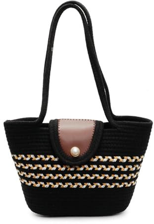 CYRMPQ Strohtasche Damen Summer Beach Bag Damen Wobbenbeutel Strohhandtasche Reise Urlaubsumhängende Wandtasche Beach Bag Bucket -Tasche-schwarz
