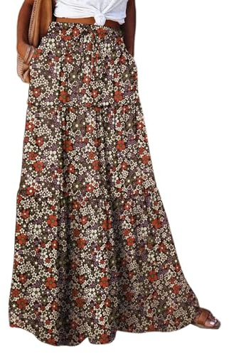 Générique Jupe Longue Femme - Boheme Fleurie - Taille Haute - Chic Et Elegant - Taille Elastique - Plissee - avec Cordon De Serrage - avec Poches - Skirt Style Champetre Robes De Plage Été Pirate XL