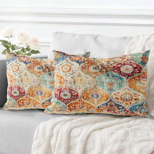 ECZOIL 2er Set Boho Kissenbezüge 30x50 cm,Böhmische Blumen Dekorative Kissenhülle Flachs 12x20 Inch Doppelseitiger Druck Dekorative Kissenbezug für Wohnzimmer Sofa Schlafzimmer-Cremefarben