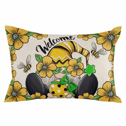 Pillowcase 20x36 Inch - King Sunflower Bee Gnome Soft Brushed Microfiber Pillow Covers with Hidden Zipper Closure Bed Pillow Shams for Bedroom Sofa Car, 1pcs
