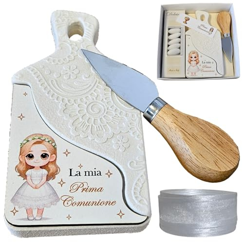Ametista Regali Bomboniere - Tagliere Bomboniera Prima Comunione Femmina in pietra 14,5x8cm con scatola, confetti, nastro bianco, coltellino da formaggio e bigliettino personalizzato