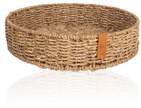 FRIHET rundes Tablett aus geflochtenem Seegras | leichtes Serviertablett mit stabilem Metalluntergestell im Boho Style | Scandi Deko | Obstschale klein und groß - auch im Set (1er Set (28 cm))
