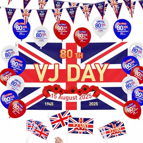 59Pcs VJ Day 80th Anniversary Flag Decorations Set - 150 x 90cm VJ Day Large Flag with 10m Bunting Flags Banner, 10Pcs Small Flags and 18 Balloons for 80 Years Victory In Japan 1945-2025 Decorations
