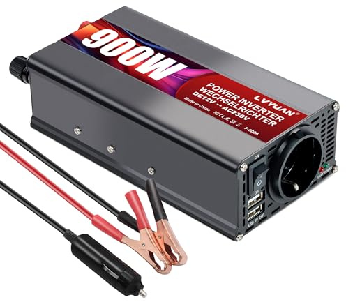 LVYUAN 900W Auto Wechselrichter 12V zu 230V Konverter/Spannungswandler, EU-Steckdose und 2 USB-A Ladeanschlüsse Laden Sie Ihren Laptop, Ihr Pad, Ihr Smartphone, Ihr Tablet und mehr