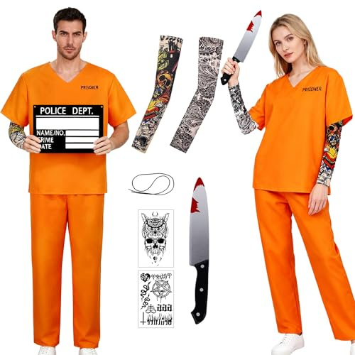 Hifot Deguisement Prisonnier Homme Femme Tenue Prisonnier Orange Hauts et Pantalons, Prisonniere Costume Halloween Homme Adulte Cosplay Outfit, Manches, Tatouages ​​Temporaires Numéros Autocollants M