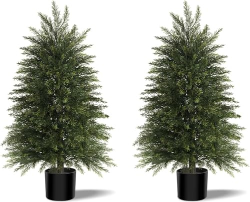 Artificial Cedar Trees 90cm 2 Set, Realistic Faux Evergreen Topiary Bushes Plants, Outdoor Potted Fake Cypress Shrubs for Front Porch Garden Home Living Room Decor
