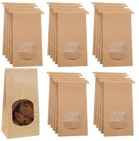 VZU 25 Stück Papiertüten Mit Fenster, Plätzchentüten, Braune Kraftpapier Tüten, Papiertüten Mit Verschlussclips, Kleine Brottüte, Brottüten Papier Für Gebäck, Süßigkeiten Geschenktüte (9 * 6 * 17cm)