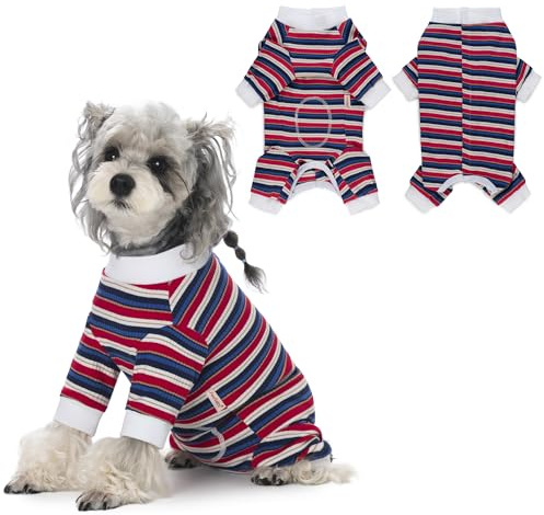 PawSailor Body Perro Post Cirugía Hembra Macho Traje de Recuperación para Perros Manga Larga a Rayas Body Post Quirurgico Cachorro Pijama Camiseta Médica Gatos Protección de Heridas, Azul-Rojo M