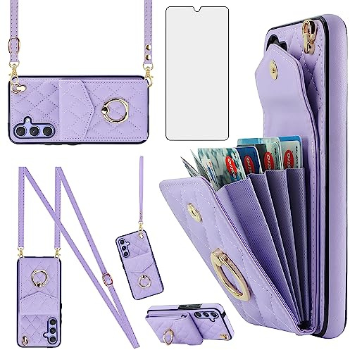 Asuwish Phone Case for Samsung Galaxy S25 FE 5G Wallet Cell Cover with Tempered Glass Screen Protector Crossbody Wrist Strap Ring RFID Blocking Card Holder S 25 EF S25FE 25S 25FE Women Girls Purple